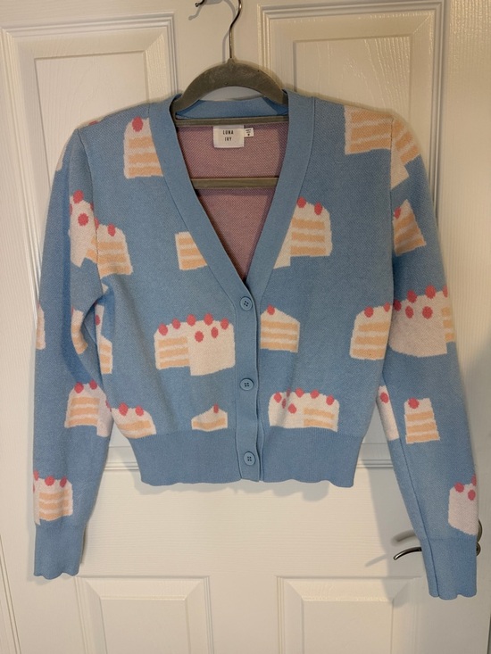 Luna Ivy Sweaters - Luna Joy Blue Cake Print V-Neck Cardigan
